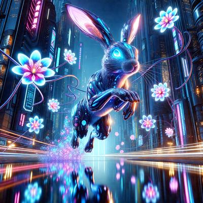 The primary subject of the image is a bunny rabbit, which is the main focus of the scene. The bunny is depicted in a futuristic setting, surrounded by a cityscape with neon lights and buildings. The visual style of the image is digital art, as it appears to be a computer-generated or digitally-created illustration. The dominant colors in the image are blue and purple, creating a futuristic and vibrant atmosphere.